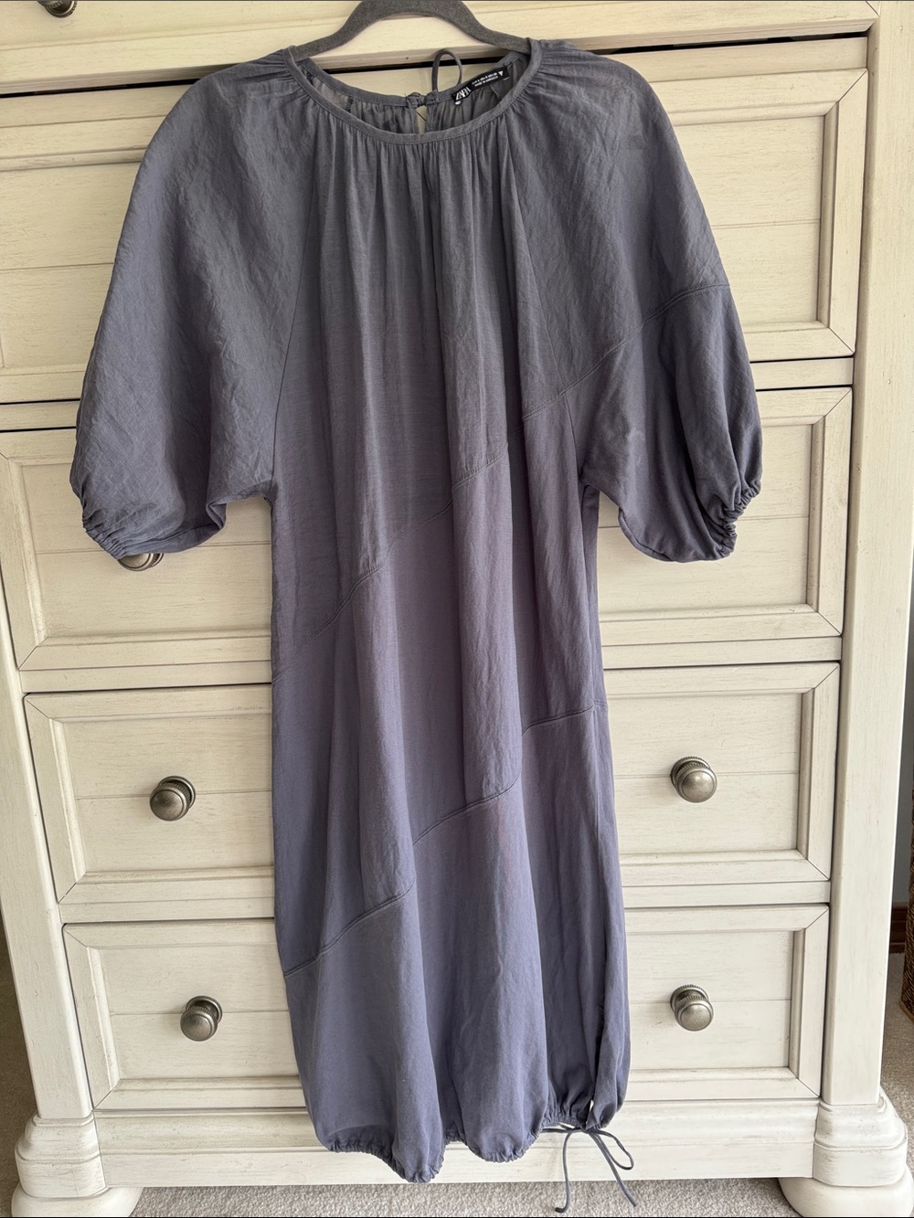 Zara Steel Blue Puff-Sleeve Midi Dress SZ Small
